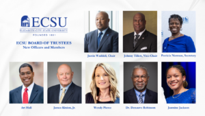 Graphic introducing the ECSU Board of Trustees officers and members. The image includes portraits of Chair Justin Waddell, Vice-Chair Johnny Tillett, Secretary Patricia Norman, and board members Art Hall, James Kinion Jr., Wendy Pierce, Dr. Denauvo Robinson, and Jasmine Jackson.