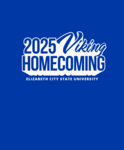 White 2025 ECSU Homecoming logo on a blue background
