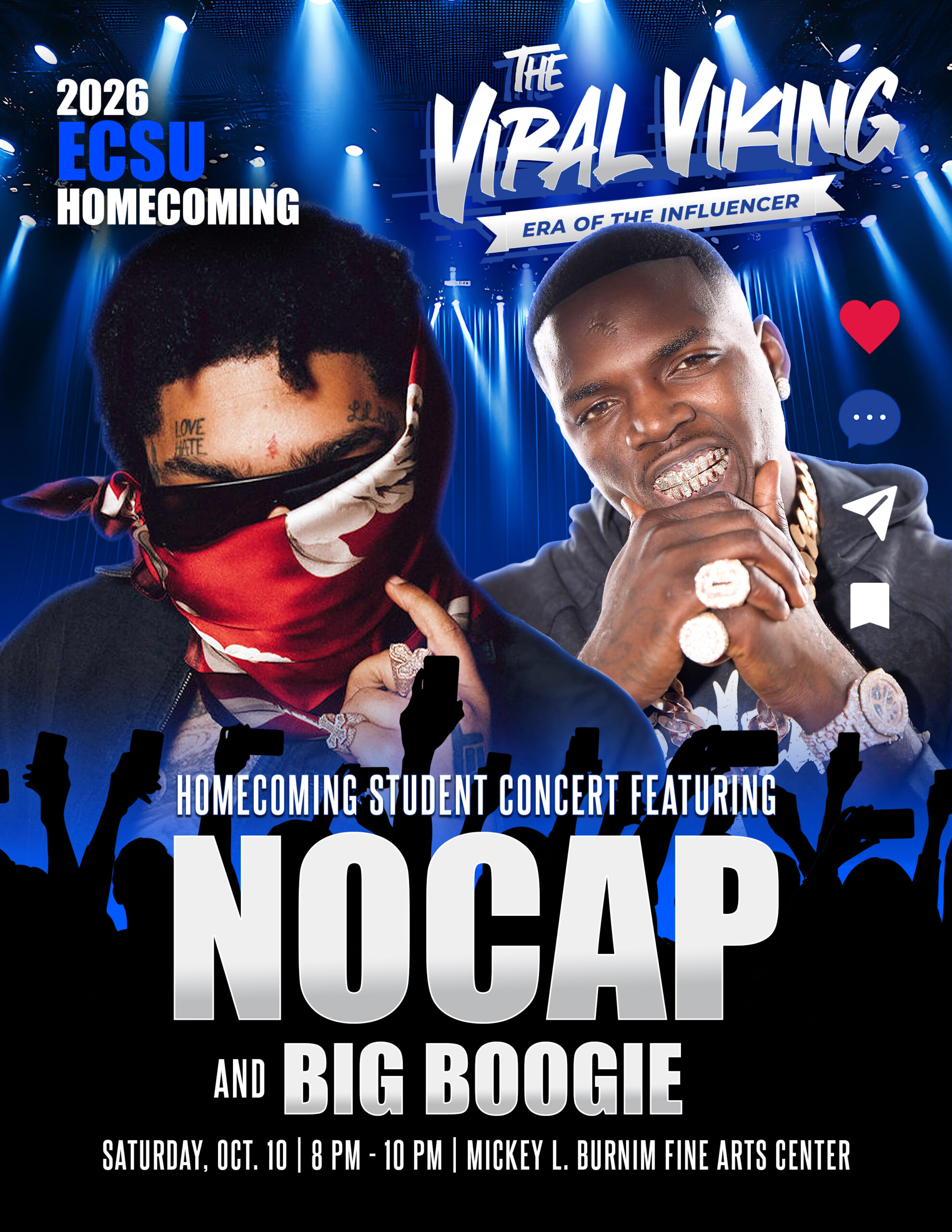 Flyer promoting the 2026 ECSU Homecoming Student Concert featuring NoCap and Big Boogie. The event will be held Saturday, October 10, from 8:00 p.m. to 10:00 p.m. at the Mickey L. Burnim Fine Arts Center as part of the "The Viral Viking: Era of the Influencer" Homecoming theme.